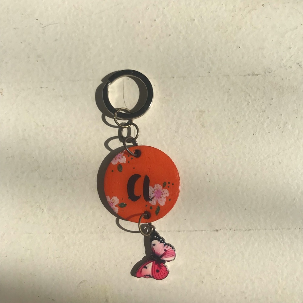 Kids Orange Floral Initial 'A’ Keychain with Pink Butterfly Charm